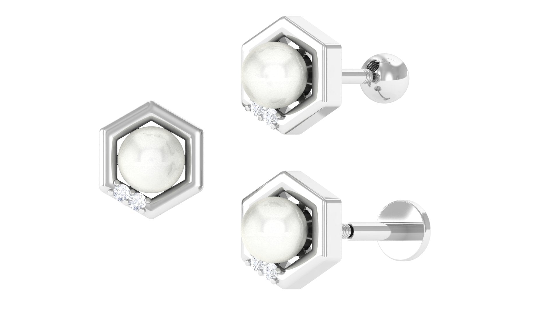 Freshwater Pearl Hexagon Earring with Diamonds Freshwater Pearl - ( AAA ) - Quality - Jewel Pierce