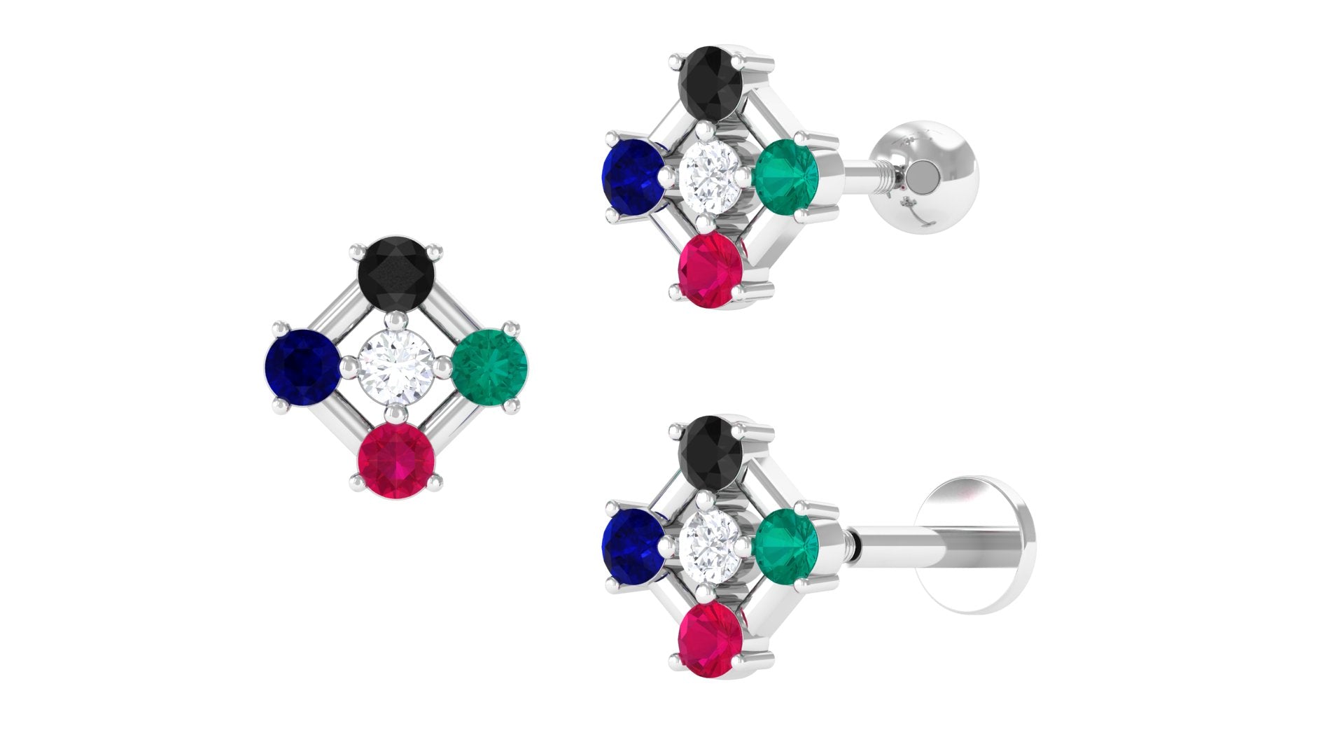 Multi Gemstone Geometric Earring for Helix Piercing Black Diamond - ( AAA ) - Quality - Jewel Pierce