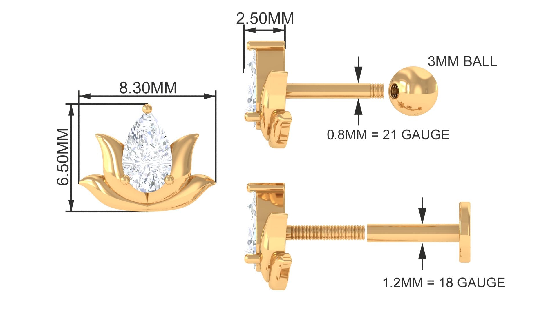 Pear Shape Diamond Lotus Cartilage Earring Diamond - ( HI-SI ) - Color and Clarity - Jewel Pierce